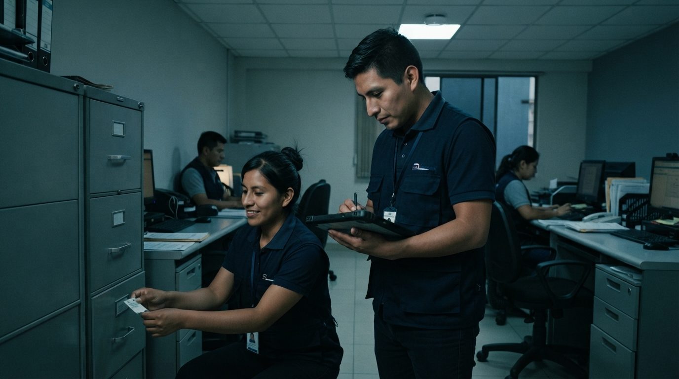 Dos personas levantan el inventario de activos fijos en una oficina, registrando los bienes en una tableta.